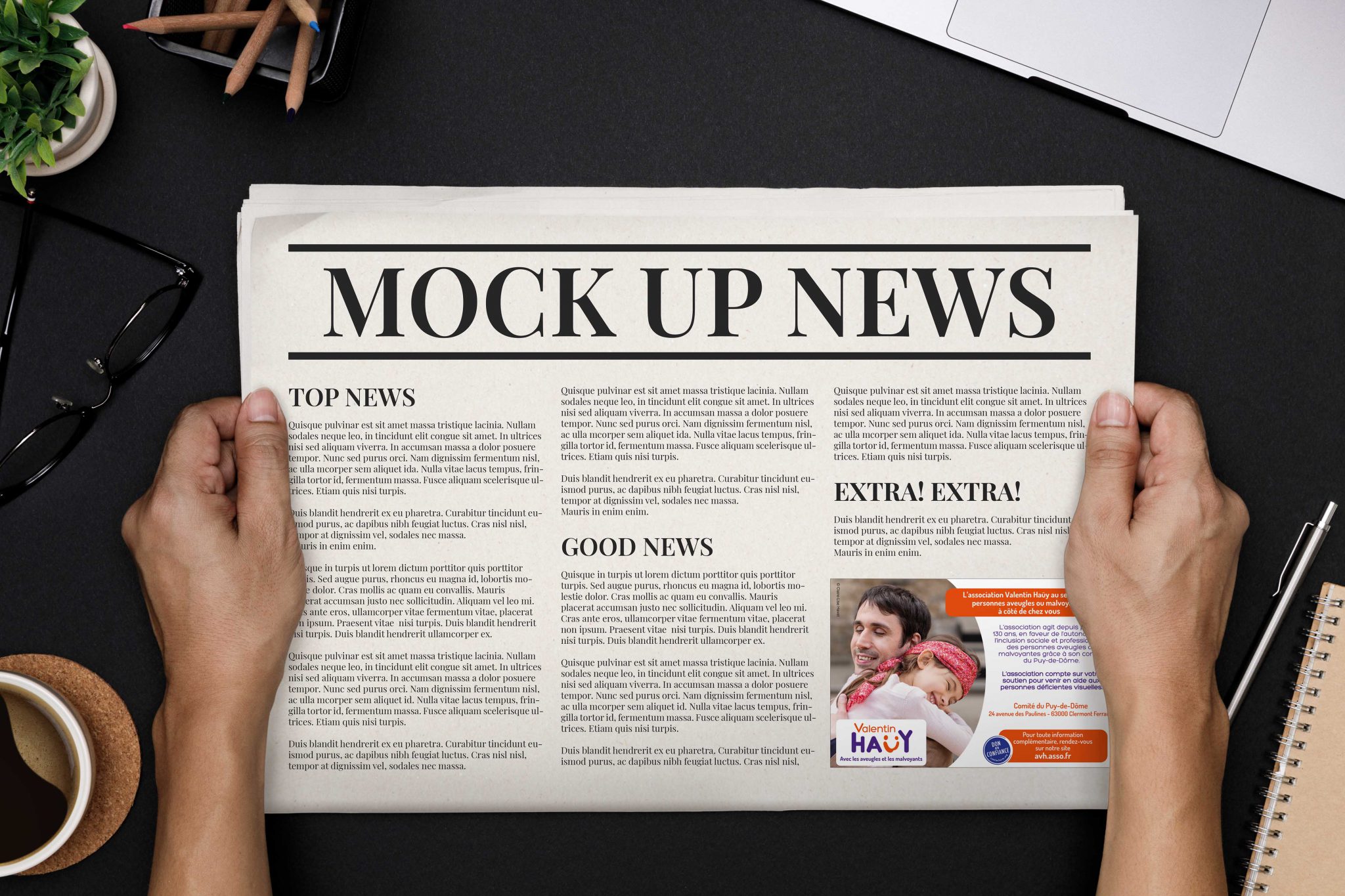 Hands holding Business Newspaper with copy space mockup template on black desk topview
